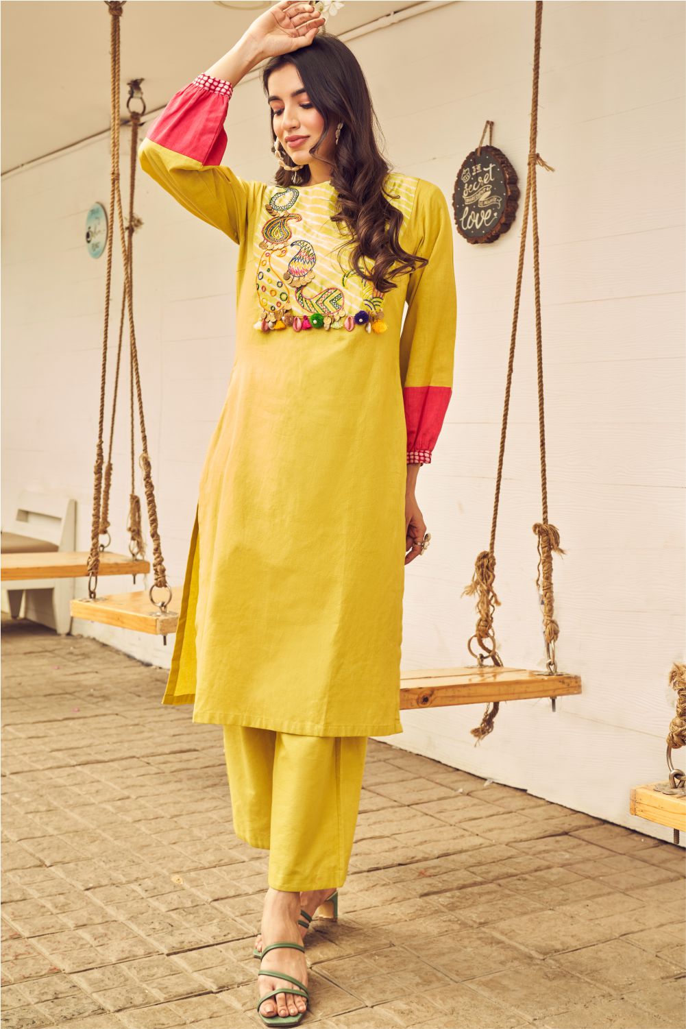 Straight Style Cotton Fabric Printed Mustard colour Kurta with Zari, Thread  & Mirror work with Bottom & Dupatta